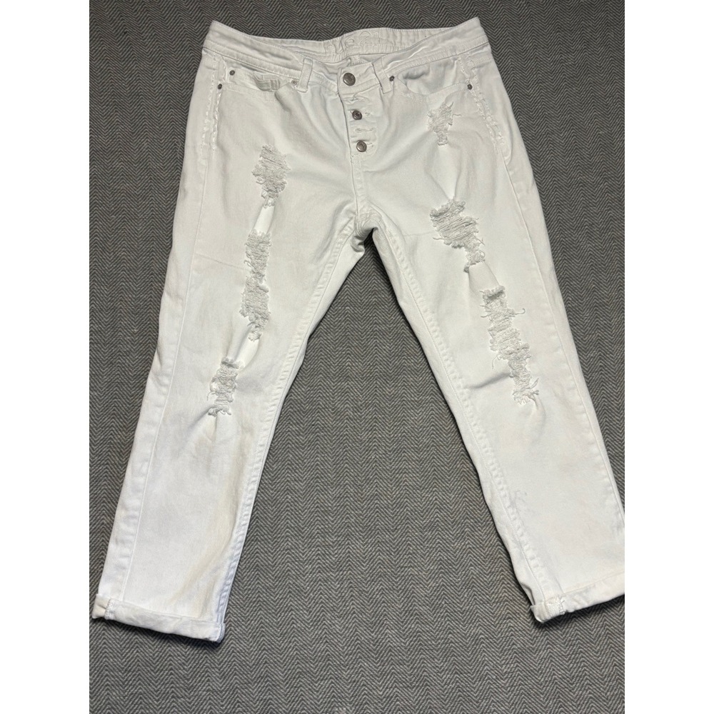 Rue 21 White High Rise Crop Jeans‎ Distressed Ripped Button Fly Women Size 9/10